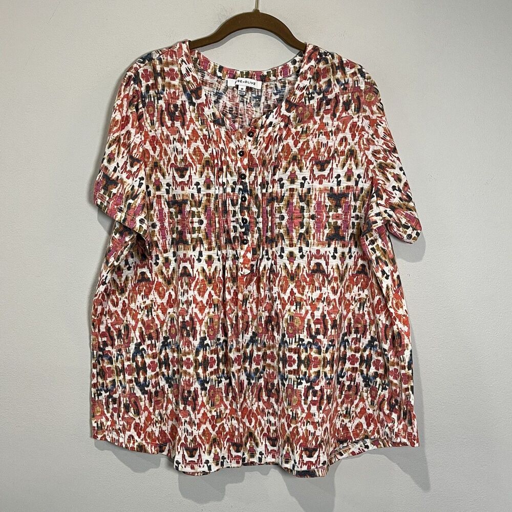 Rose and Olive Blouse Women's 2x Colorful Ikat Short Sleeve Henley Eclectic